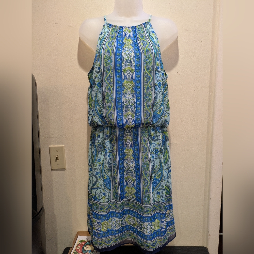 London Times Blue and Green Paisley Midi Dress Size 8